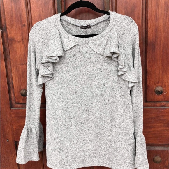 white birch Sweaters - White Birch Feminine Grey Ruffle Lightweight Sweater